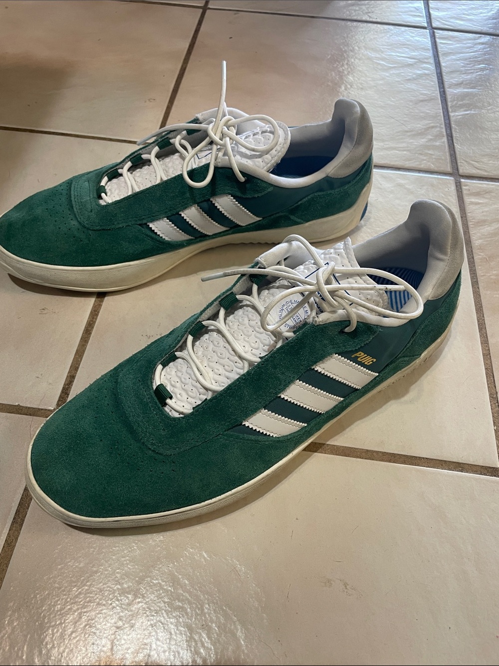 adidas Puig Green Suede Low-Top Sneakers with White Stripes